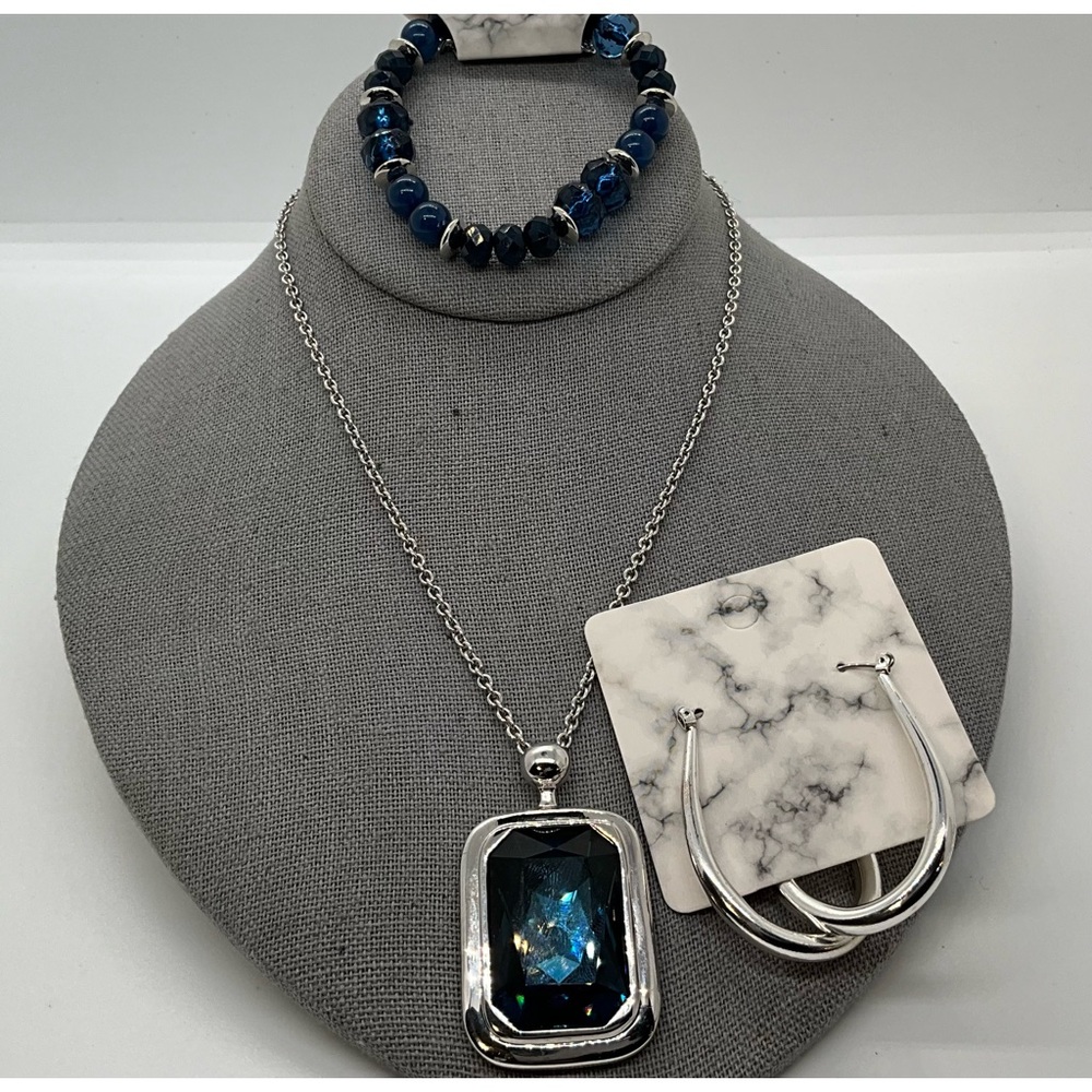 Silver Tone Faux Sapphire Necklace, Earrings, and Bracelet A27